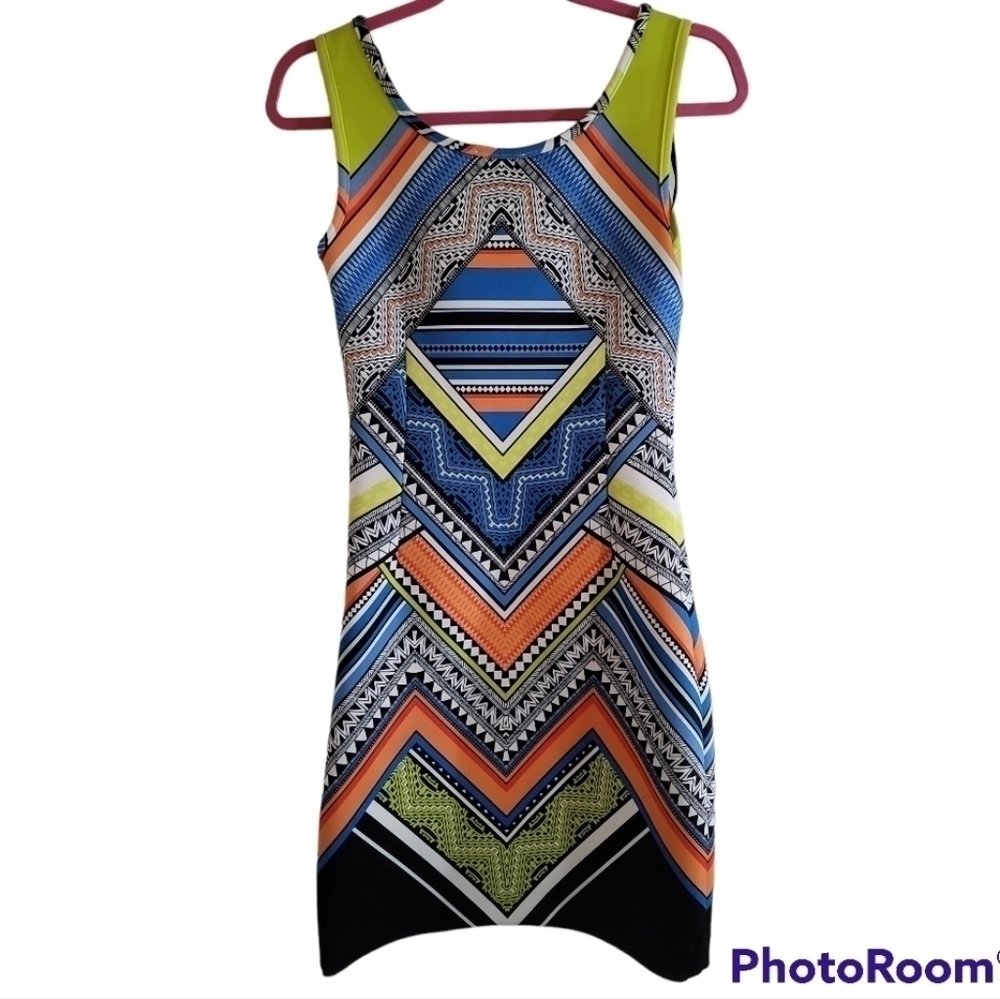 Laundry by Shelli Segal Geometric Print Scuba Dress XS Sleeveless Mini Bodycon - Picture 2 of 6